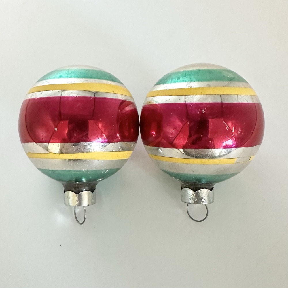 2 Vintage Mercury? Christmas Ball Ornaments Striped Made In USA Teak Pink Yellow